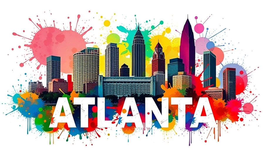 Vibrant Atlanta skyline with colorful paint splashes.