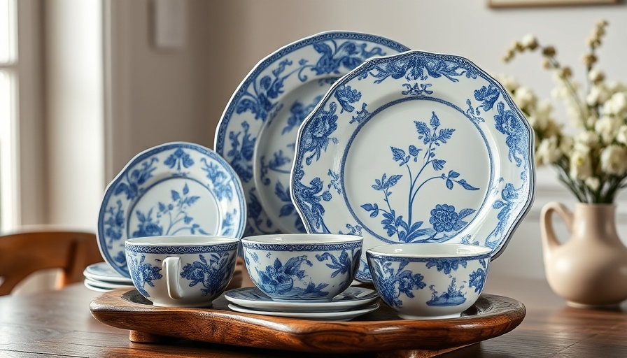 Vintage blue china dishes with floral designs on display.