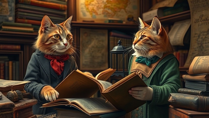 AI in historical research: cats discussing artifacts in a vibrant, warm setting.