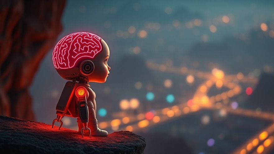 A child and robot with joined brains gaze into a hopeful future, symbolizing AI introduction.