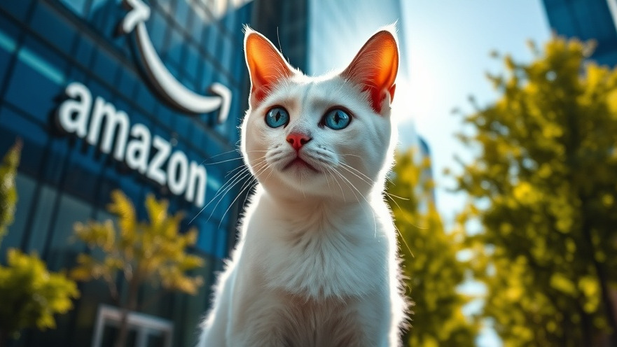 Sleek white cat in grunge fashion stands near modern Amazon building, showcasing AI technology trends.