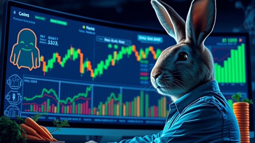 Confident rabbit studying stock charts with AI elements, showcasing understanding AI.