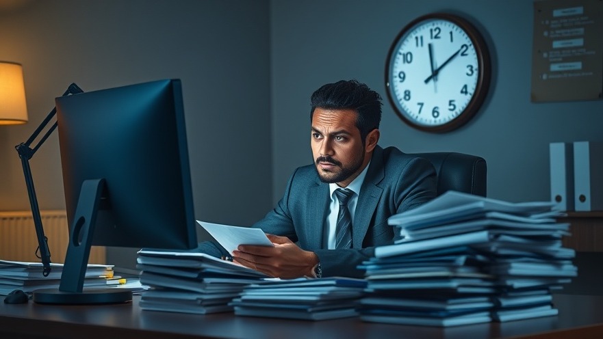 Concerned lawyer reviewing AI ethics in society amidst legal documents and error-laden screen.