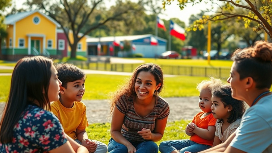 Houston families discuss education news in a vibrant park, surrounded by school buildings.