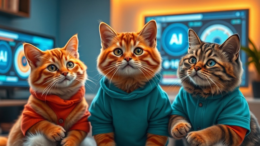 Colorful cats in human attire exploring AI societal challenges around digital screens.