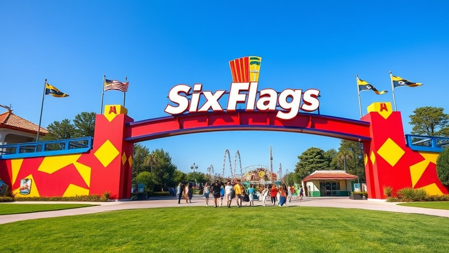 Vibrant Six Flags amusement park sign amid families entering, highlighting Charlotte amusement parks.