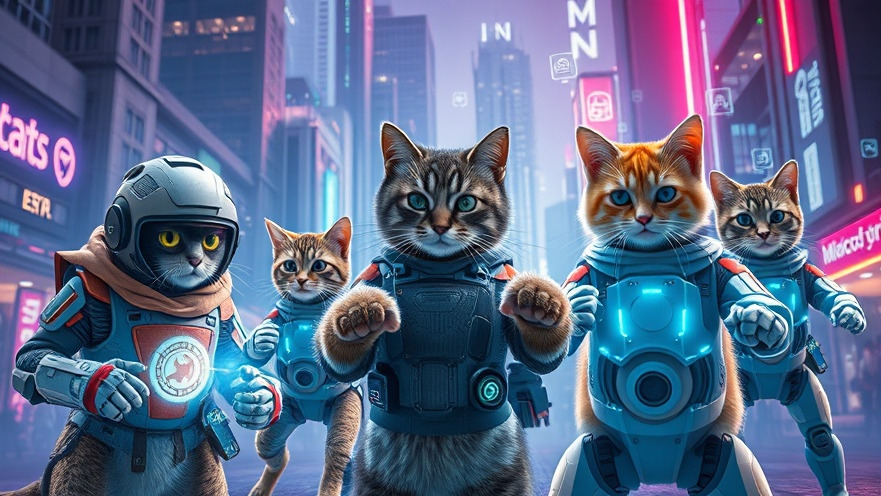 Futuristic cityscape with diverse cats in gear, showcasing AI cultural influence.