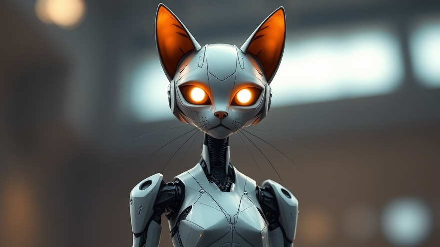Melania Trump as a tall robot cat, glowing eyes, illustrating AI concepts for beginners.