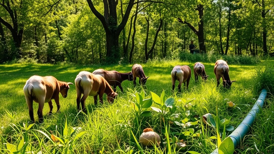Goats aiding environmental sustainability by removing kudzu while community members engage joyfully.