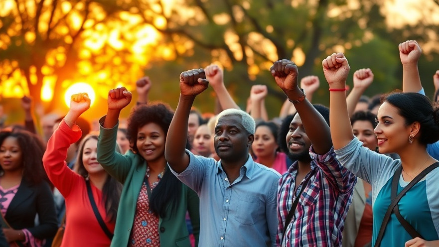 Diverse voters in a park discuss voter registration challenges in Texas at sunset.