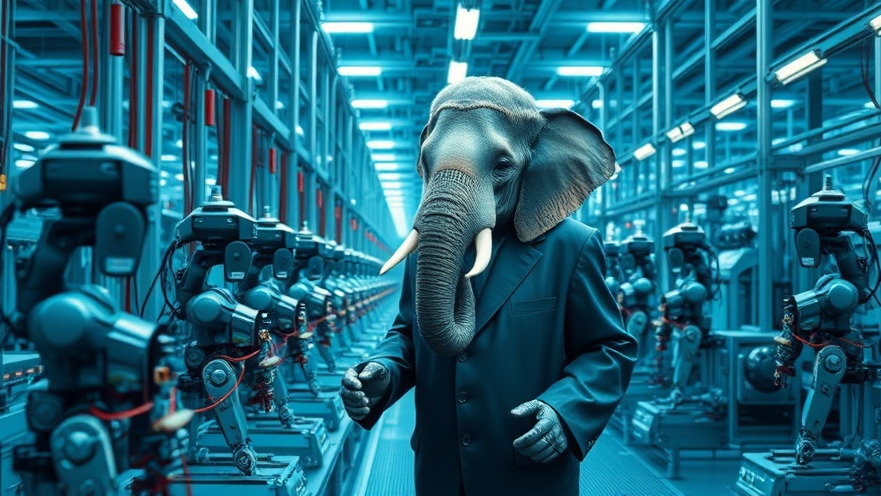 Futuristic assembly line showcasing societal changes with AI, managed by a suited elephant.