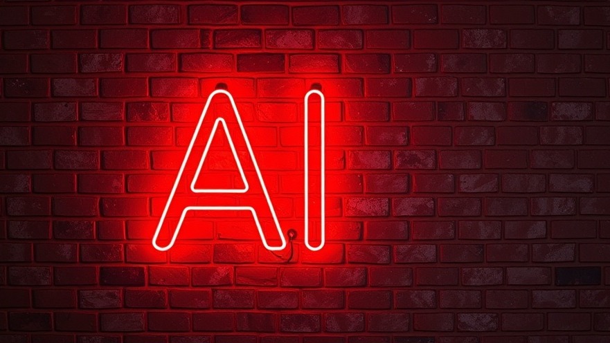 Red neon sign of AI on a brick wall, highlighting AI marketing tools.