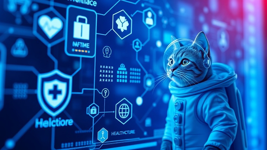 Blue-toned digital health tools with healthcare icons and a cybersecurity shield, featuring a space cat.