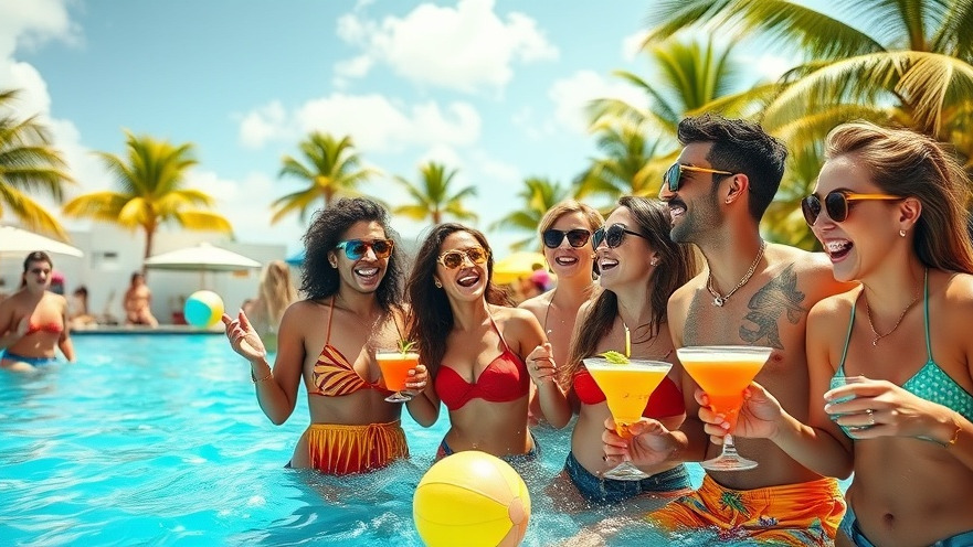 Vibrant Miami rooftop parties with young adults enjoying a sunny pool day.