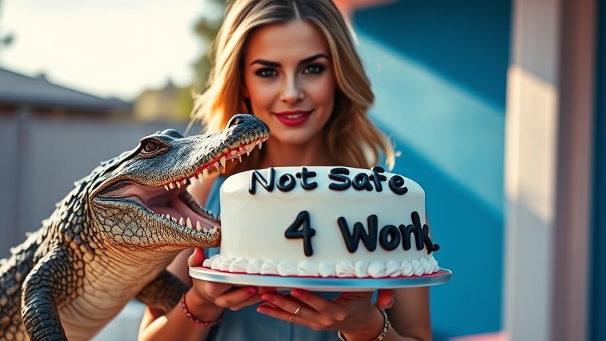 Woman confidently holds a cake with 'Not Safe 4 Work' icing, as an alligator approaches, showcasing the power of AI creativity tools.