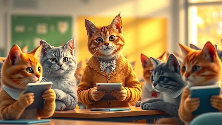 Engaging classroom scene showcasing artificial intelligence in schools with cat students and a guiding teacher.