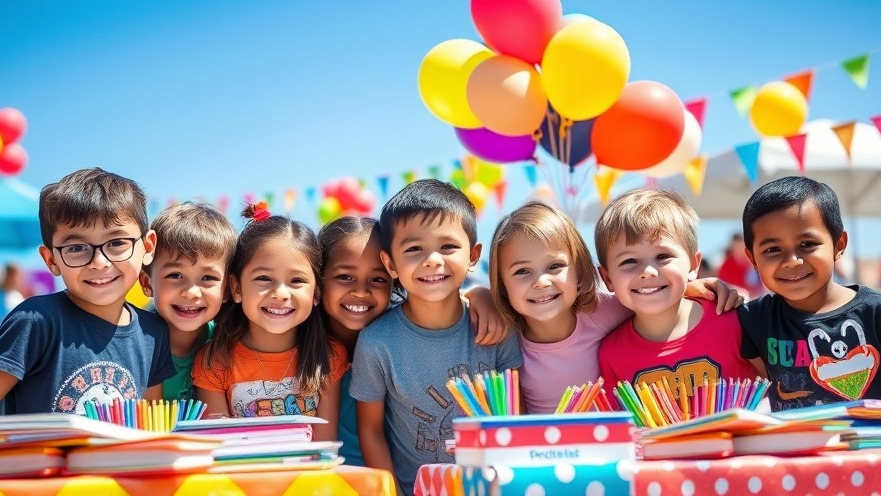 Joyful children at a budget-friendly outdoor event in Charlotte NC with school supplies.