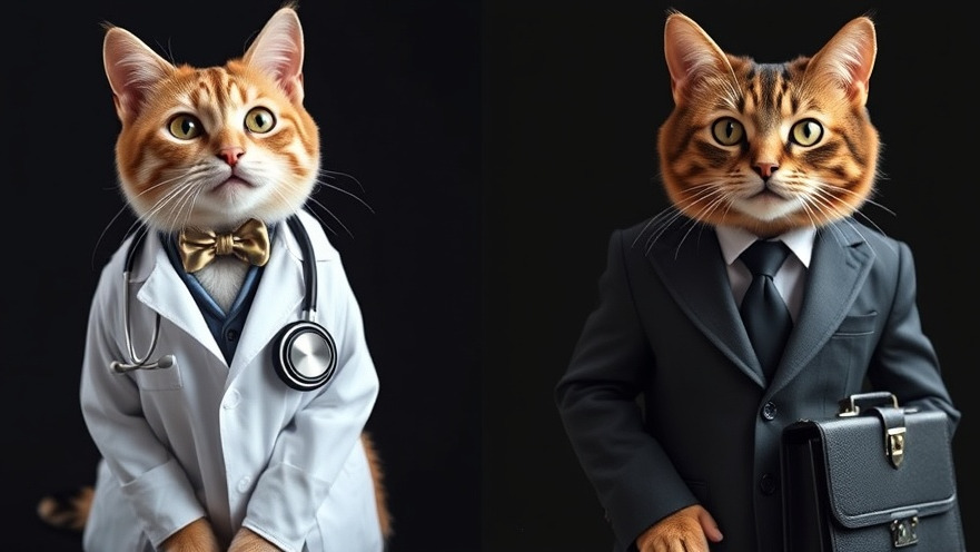 Two cats dressed as a doctor and lawyer caution against AI innovations in careers.