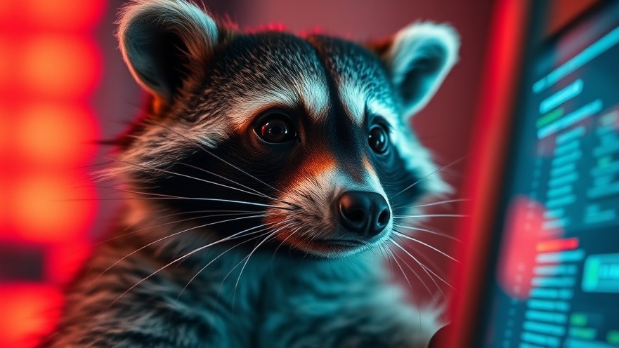 A concerned raccoon gazing at a computer, exploring AI technology with curiosity.