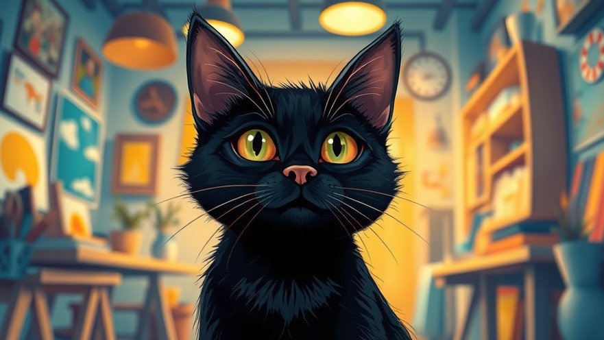 Curious black cat in a modern workspace, highlighting AI for marketing creativity.