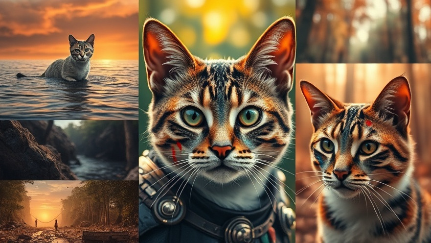 Vibrant AI creativity collage featuring dynamic cat imagery in diverse settings.