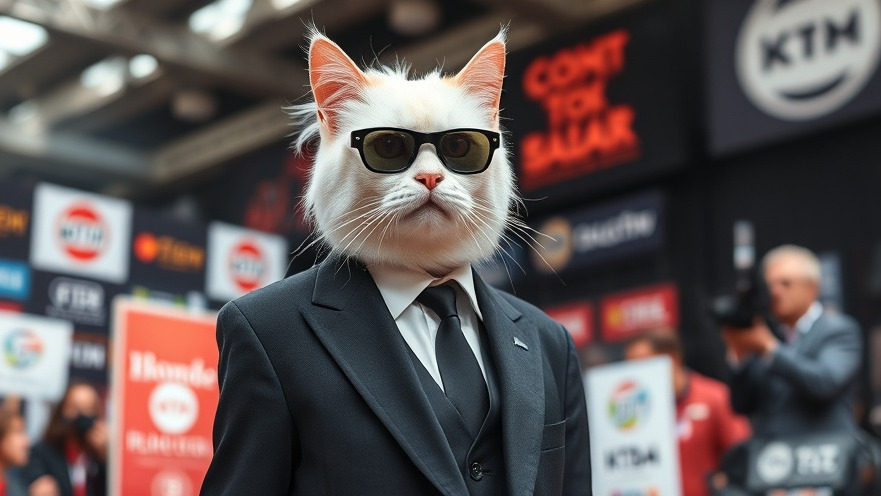 Confident older cat in a suit symbolizes ethical filmmaking principles at a bustling event.