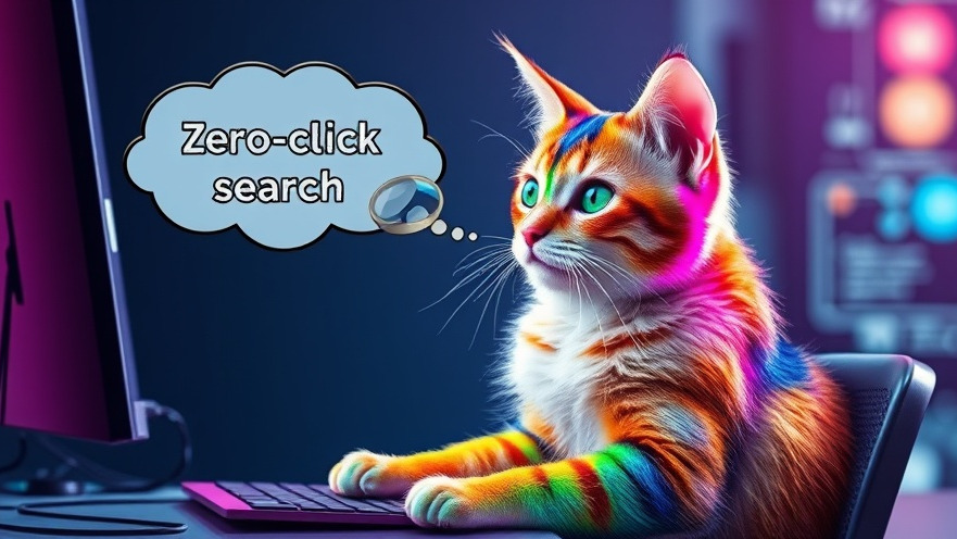 Futuristic cat with rainbow fur uses AI marketing tools, pondering zero-click search.