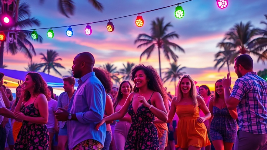 Joyful dancers illuminate Miami live music at Delray Beach concert under a sunset sky.