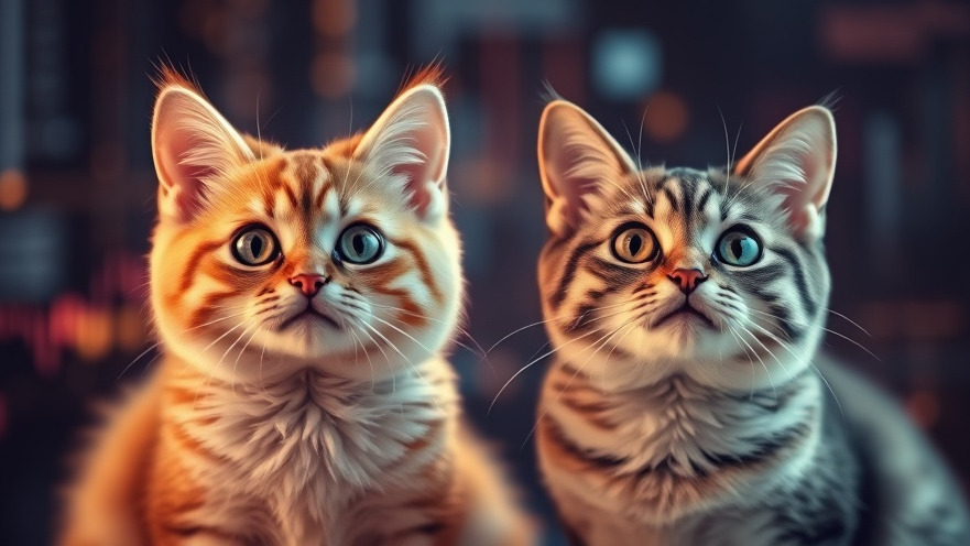 Curious cats reflect on AI ethics in society with warm colors and data elements.