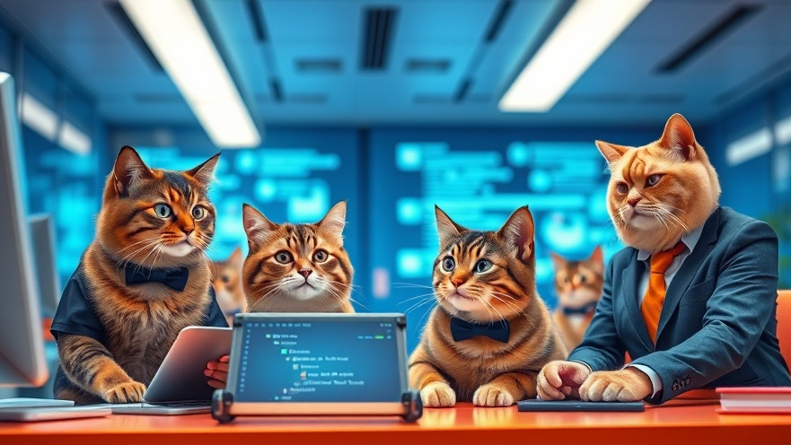 Diverse cats as professionals collaborating with AI tools, showcasing AI ethical considerations.