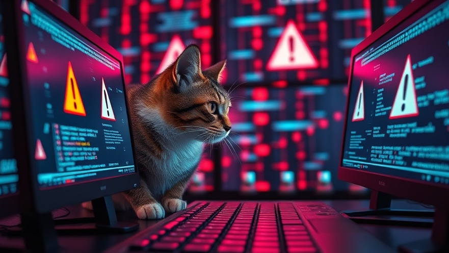 Photorealistic cat observing warning symbols on screens in AI-powered cybersecurity scene.