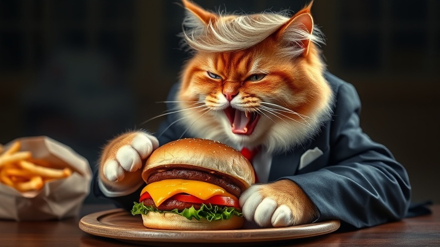 A Trump impersonator cat, representing AI impact on health, devours a hamburger.