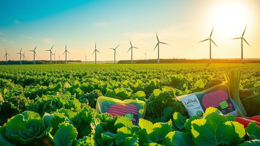Sustainability of plant-based meats shown on a vibrant farm with vegetables and eco-friendly packaging.