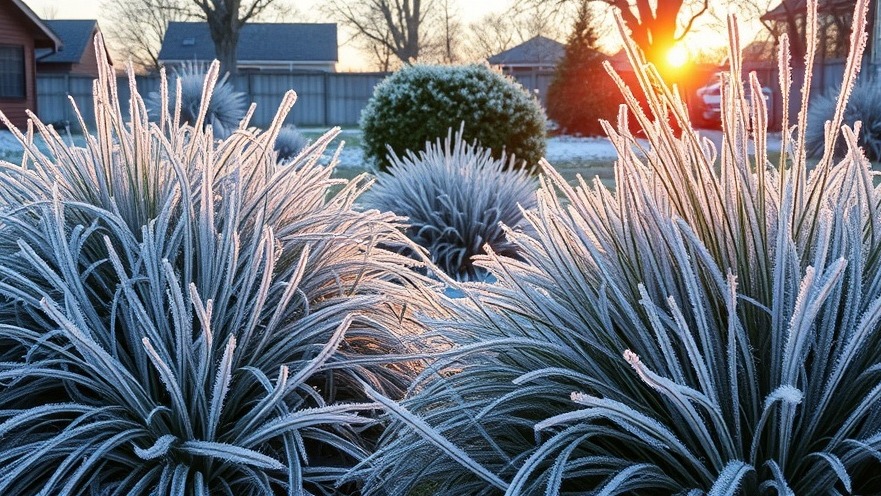 Frost-covered grass and bushes in a backyard at sunrise, highlighting gardening tips.