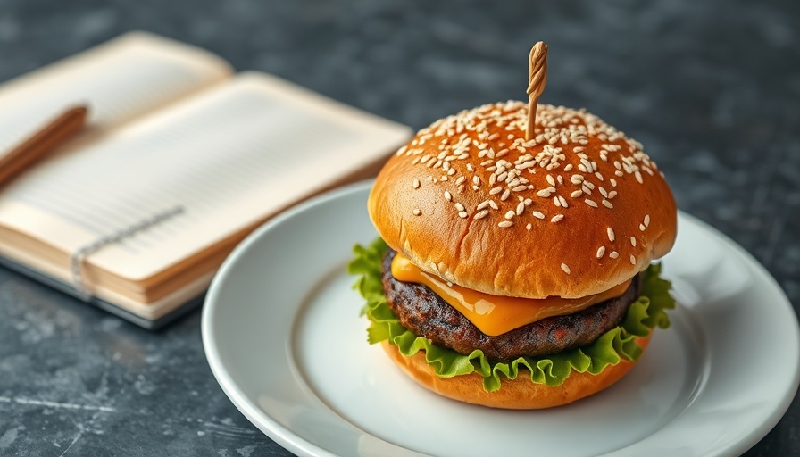 Plant-based burger beside notebook, health comparison concept.