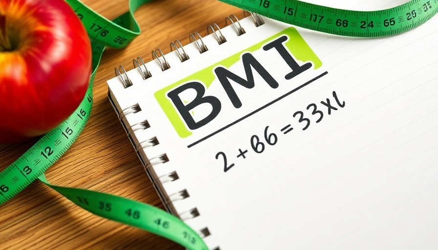 Notebook showing BMI calculation and health items on wooden table.