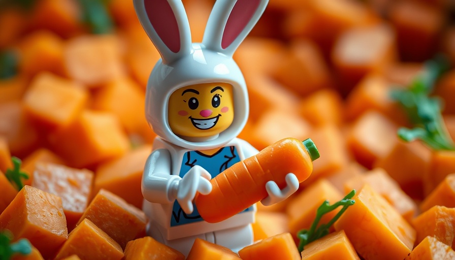 Playful Lego figure in bunny costume with carrot, representing plant-based diet benefits.