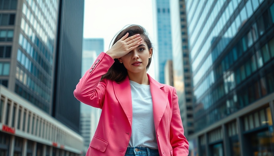 Young woman shielding eyes in urban setting discussing free radicals and skin damage.