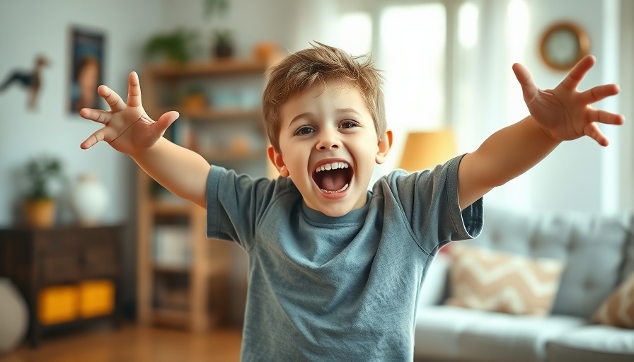 Joyful child playfully poses in cozy home environment.