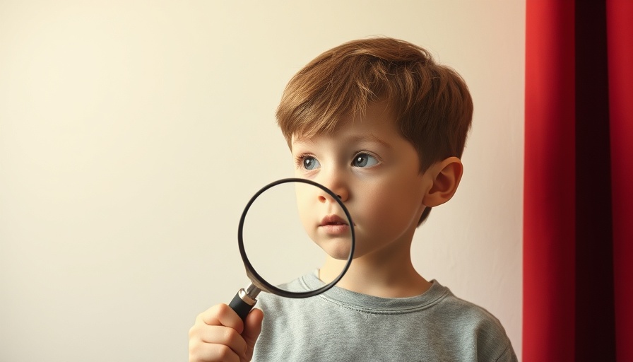 Curious young boy examining through magnifying glass, Erratic Unreasonable Behavior theme.