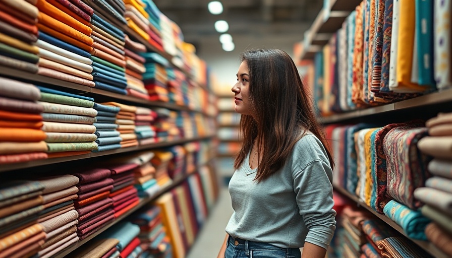 Young woman browsing fabrics at JOANN Fabrics store aisle.