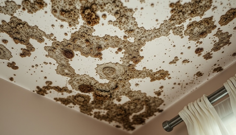 DIY mold removal: Mold on ceiling corner above white curtain.