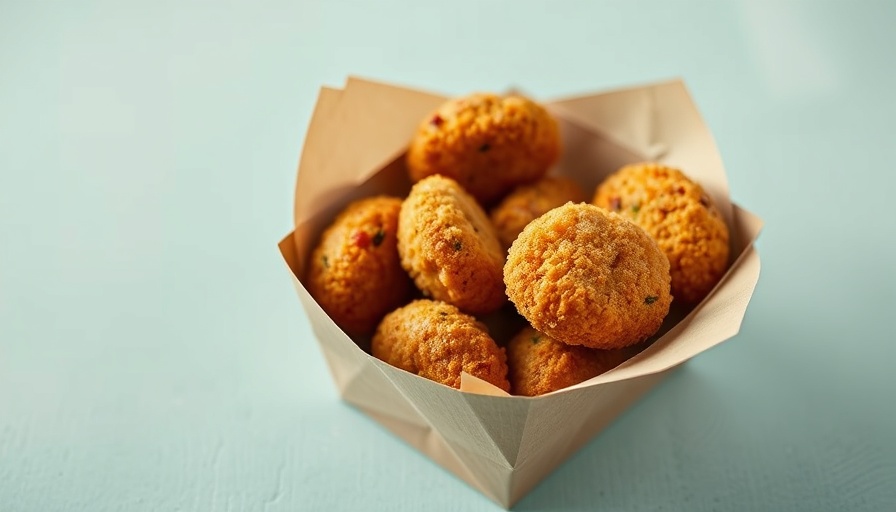 Crispy plant-based nuggets in a brown paper tray on teal background.