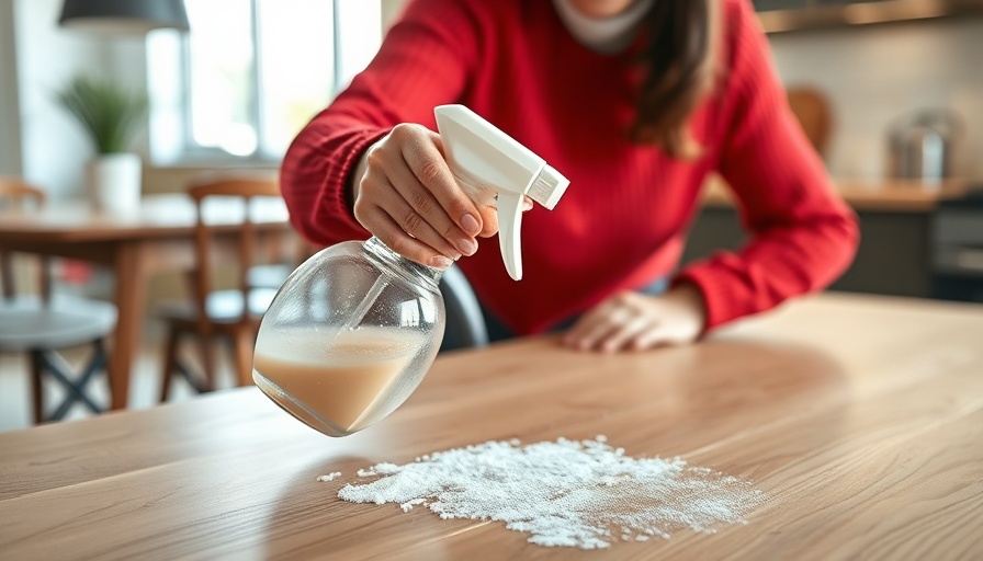 Person cleaning a table with spray bottle in kitchen, spring cleaning concept.