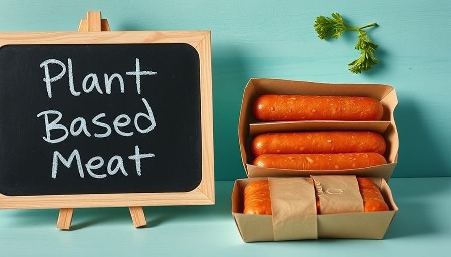Chalkboard with 'Plant Based Meat' and vegan sausages.