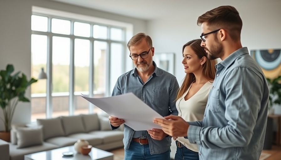Home inspector guiding couple inside bright living room
