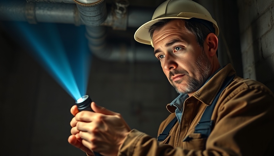 Home inspector checks for asbestos in dim basement with flashlight.