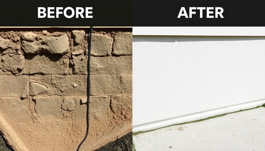 Before and after exterior foundation waterproofing transformation.