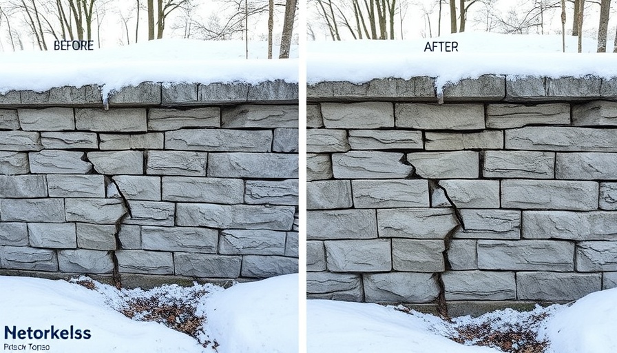 Cracked retaining wall repair with helical tieback anchors in snowy setting.