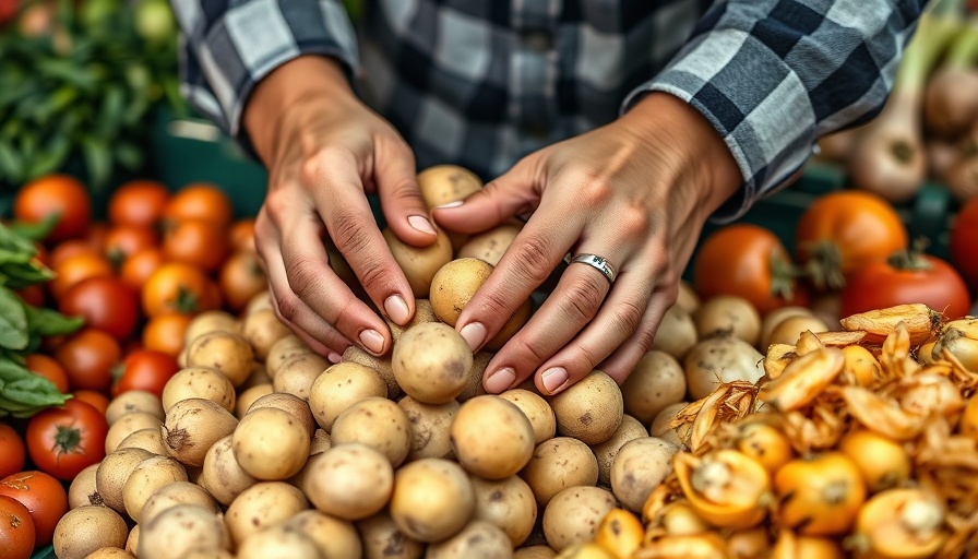 Close-up of hands sorting potatoes at a market.